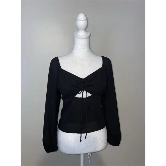 Abercrombie & Fitch M Black Smocked Top Puff Sleeve Ruched Tie Front Crop Blouse