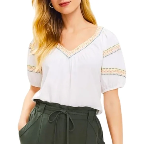 LOFT White Blouse with Colorful Embroidery