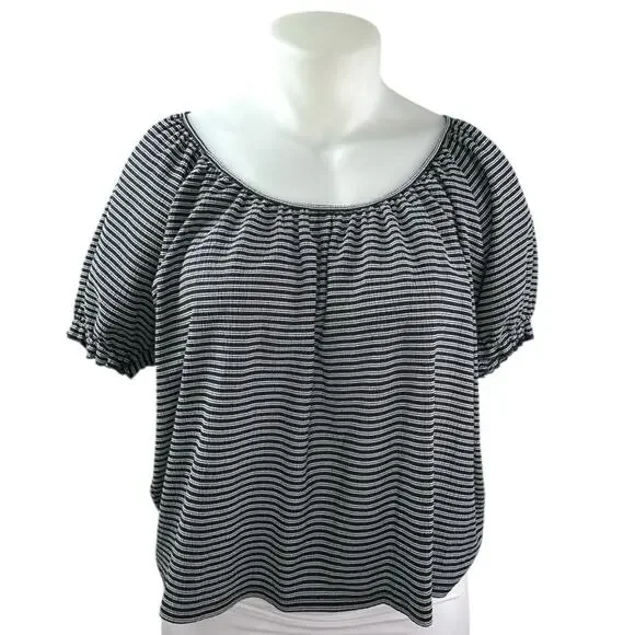 Madewell Texture & Thread Blue Striped Short Puff Sleeve Cropped Blouse Top XL