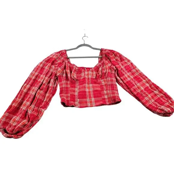 Free People Cherry Bomb Madras Plaid Smocked Corset Top Puff Sleeve size L 0008