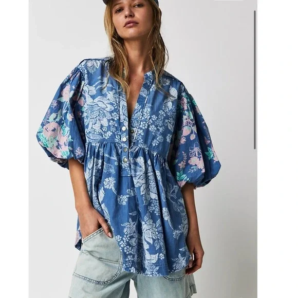 Free People We‎ The Free Cosette Pullover Top Women's XS Chambray Floral Boho