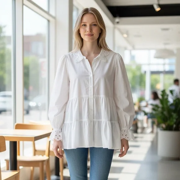 Lilly Pulitzer White Eyelet Collared Peplum Blouse