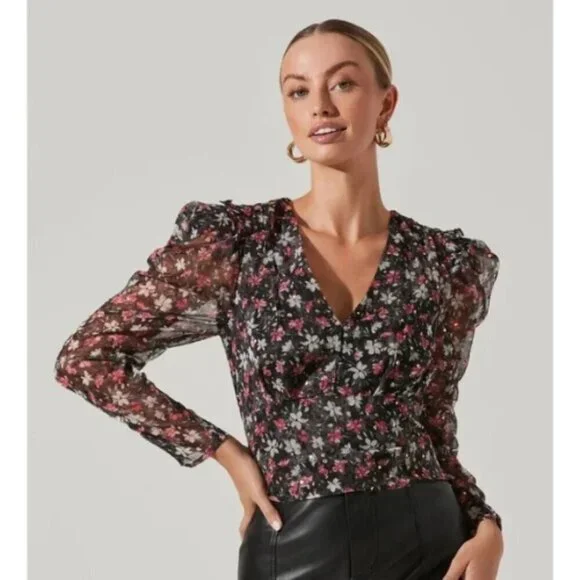 Astr Beverly Fuchsia Gold Floral Sheer Blouse XS 51552