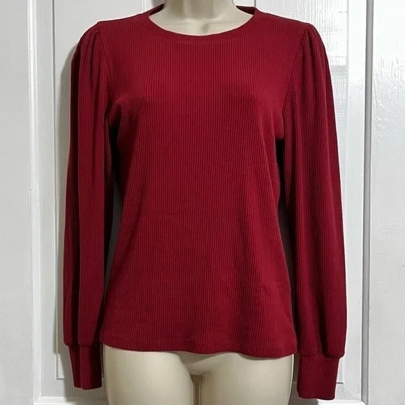 J. Crew Vintage Rib Puff Sleeve Top Long Sleeve Red Medium A