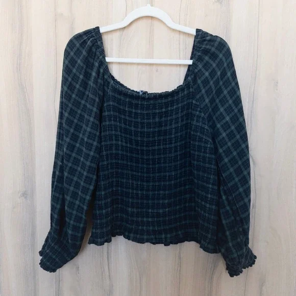 Madewell Plaid Long Sleeve‎ Top 1X Green Blue Smocked Academia Cottage Preppy