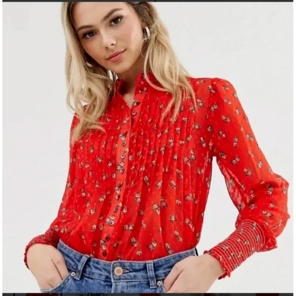 Free People Floral Blouse Womens S Red Cottagecore Pintuck Swiss Dot Sheer Top‎