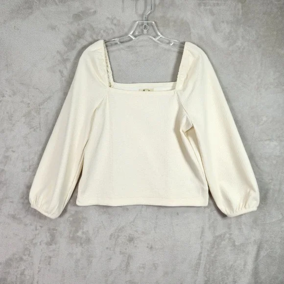 Madewell Top Women Small Cream Square Neck Puff Sleeve Textured Crepe Minimalist