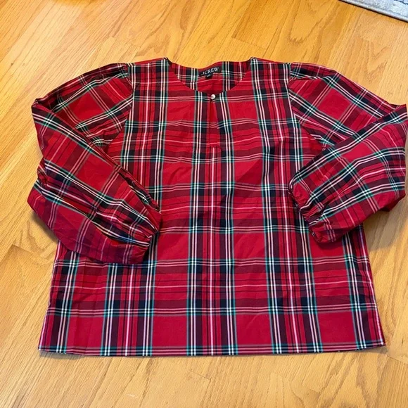 J.Crew Puff Sleeve Poplin Top Blouse Shirt Good Tidings Tartan Plaid Size M