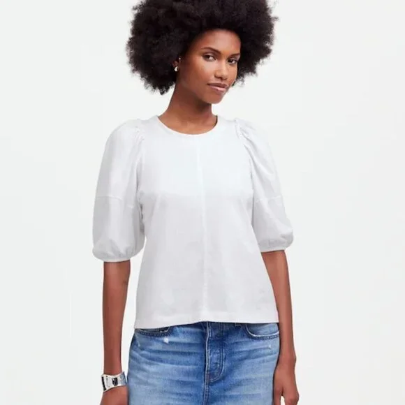 Madewell White Puff-Sleeve Tee - Size: Large *FLAWED*
