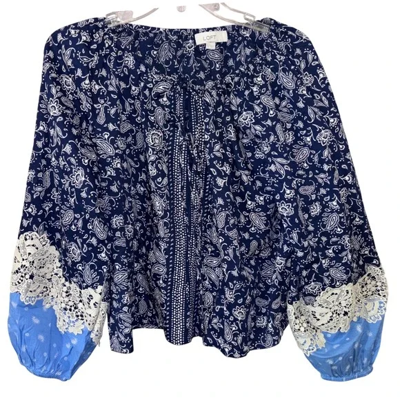 LOFT Women's Small Navy Paisley Cotton Peasant Blouse Lace‎ Boho Puff Sleeve Top