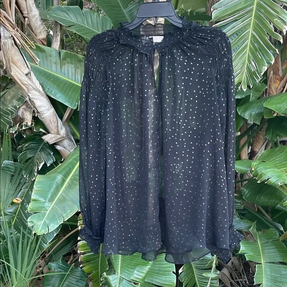 Loft, gold, polkadot, sheer blouse with ruffled puff sleeves