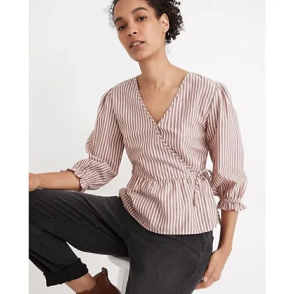 MADEWELL Puff-Sleeve Peplum Wrap Top in Stripe size XXS Retails $79