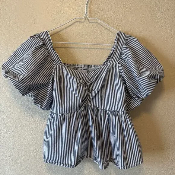 Old Navy Blue White Striped Puff Sleeve Babydoll Top Size S