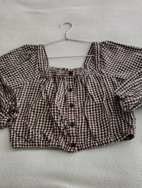 Madewell Brown Gingham Puff-Sleeve Crop Top Small