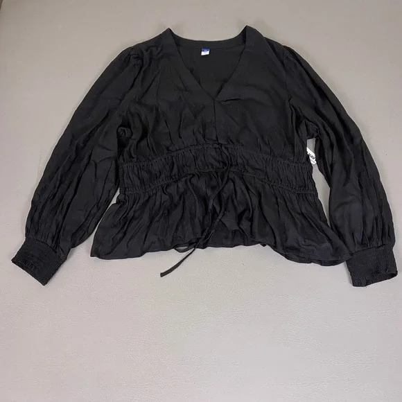 Old Navy Blouse Top Women's XXL‎ Black Smocked V-Neck Puff Sleeve Peplum New NWT