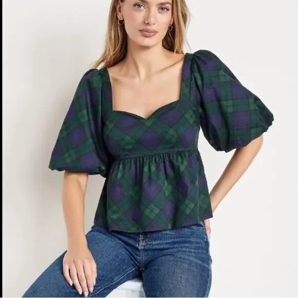Old Navy green plaid Puff-Sleeve Plaid Poplin Peplum Top