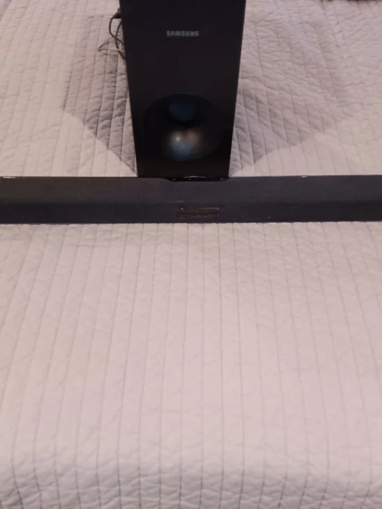 Sleek Soundbar and Subwoofer W/ Attachments & Remote.