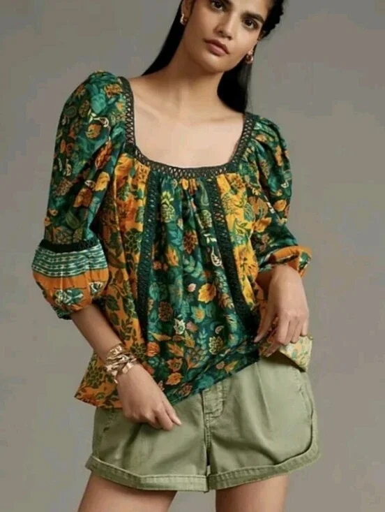 Farm Rio x Anthropologie Lace Inset Peasant Blouse Puff Sleeve Cotton Top Sz XS
