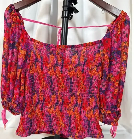 Free People Pink Floral Smocked Crop Top 