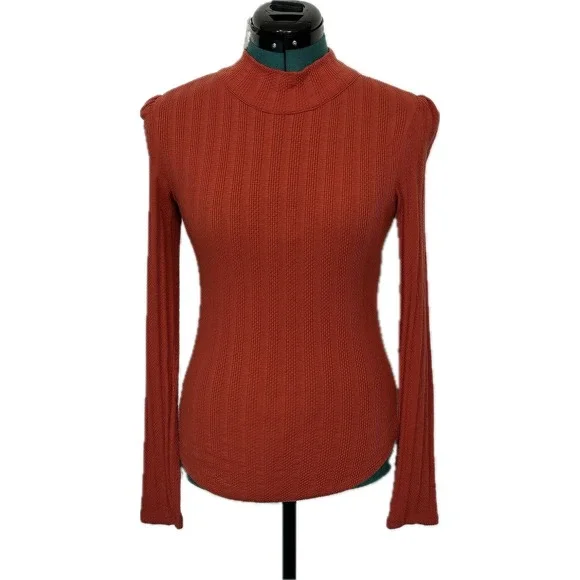 Free People Top Open Back Scarf Tie Ribbed XS Rust Orange Boho Mock Neck