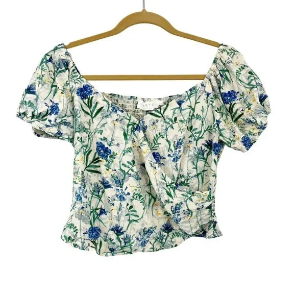 ASTR the Label Surplice Top Puff‎ Sleeve Blue Green Floral Linen Boho Size Large