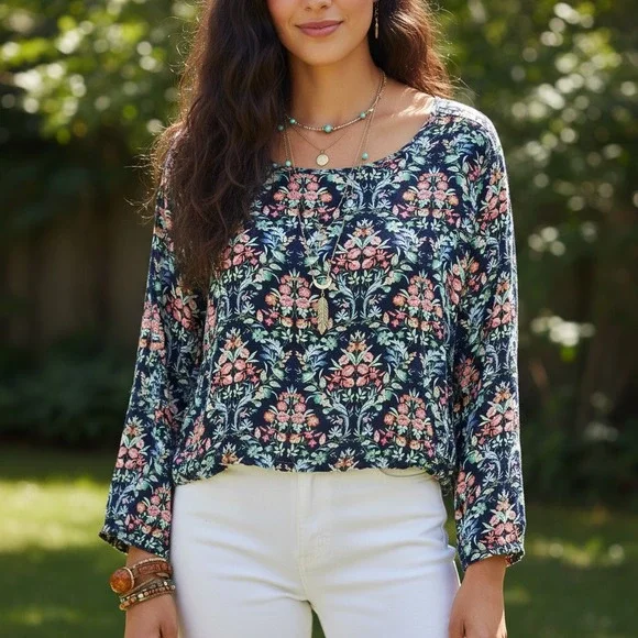 NEW Loft‎ L Navy Blue Floral V Back Puff Sleeve Top Cottage Boho Bloom Romantic