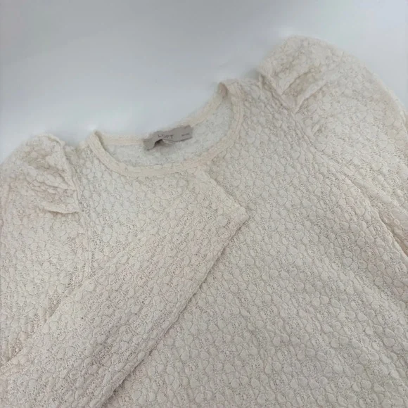 Loft Petites MP Ivory Textured Lace Puff Sleeve Top Cream‎ Size Medium Petite