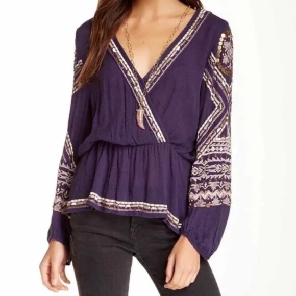 Free People Stitch Up Your Heart Purple Beaded Embroidered Blouse | Size Medium