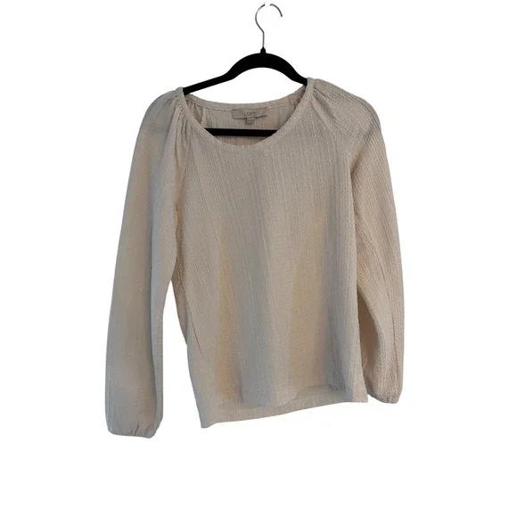 LOFT Cream Textured Long Sleeve Puff Shoulder Blouse XS Ivory Raglan Top