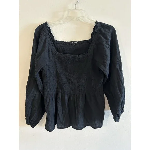Madewell Lucie Puff Sleeve Black Cotton Peplum Top Size 6