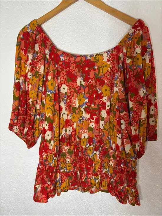 LOFT Red and Mustard Floral Off-Shoulder Blouse