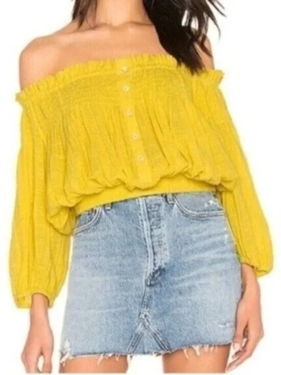 Free People Gauzy Yellow Feminine Top Puff Sleeve On Off Shoulder Cottagecore