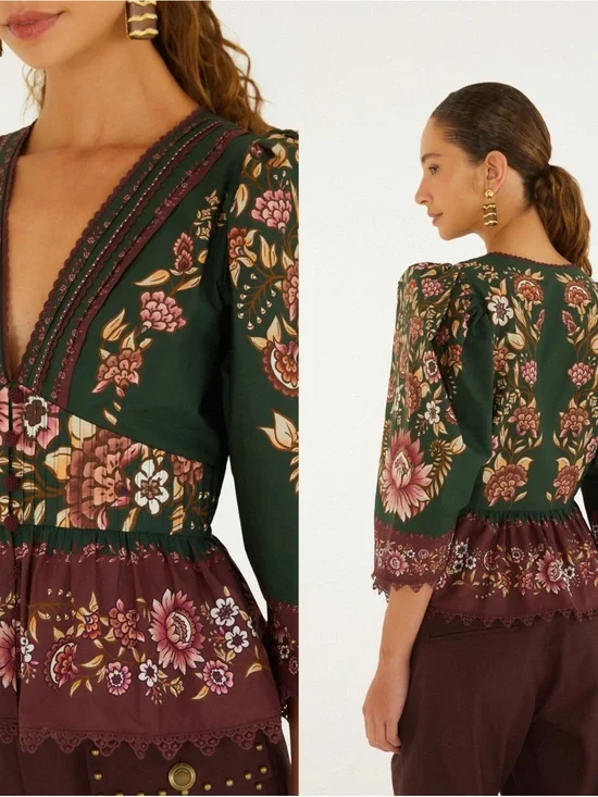 Farm RioDaniela Lace Puff Sleeve Bohemian Floral V-Neck Peplum Blouse