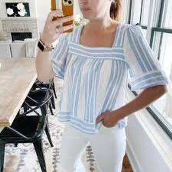 Old Navy Womens Blue White Striped Linen Blend Square Neck Puff Sleeve Blouse XS
