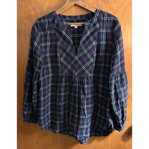 Loft Navy Blue Plaid Notched V-Neck Babydoll Blouse Top Office Work Puff Sleeve