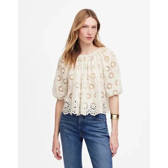 Madewell Floral Eyelet Puff Sleeve Scalloped Top Antique Cream XXS NV195‎ NEW
