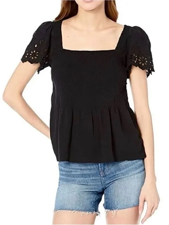 Madewell Black Square-Neck Smocked Peplum Top with Eyelet Puff Sleeves