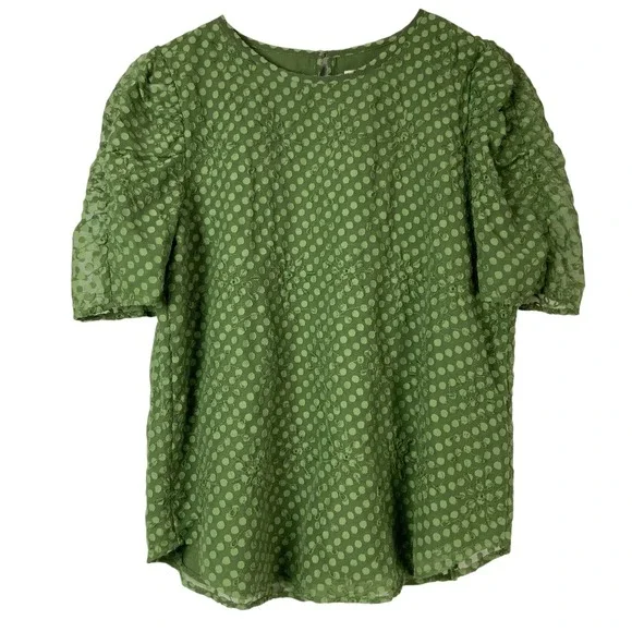 LOFT Green Polka Dot Blouse M Button Crew Neck Short Puff Sleeve Embroidered