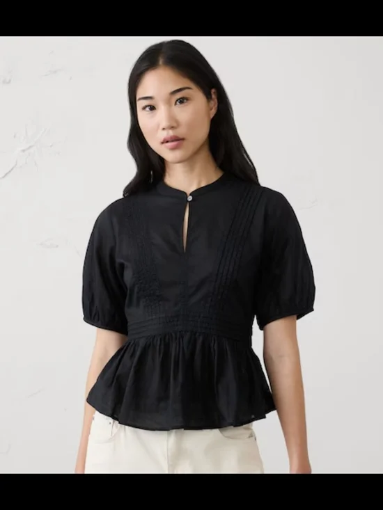 Banana Republic Black Keyhole Picot Pintuck Peplum Hem Top