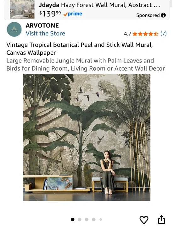 Brand New in Box Vintage Tropical Green Botanical Peel-and-Stick Wall Mural