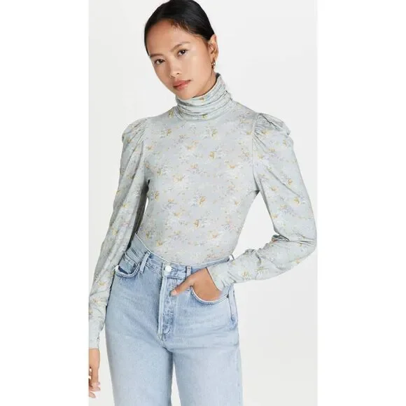 LoveShackFancy Vienna Turtleneck Top Sz S Sky Blue Floral Cottage Shabby Chic