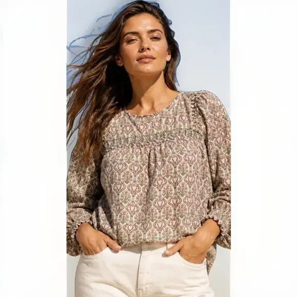 LOFT Floral Blouse Women’s PXS Ivory Coral Ruffle Long Sleeve Boho Cottagecore