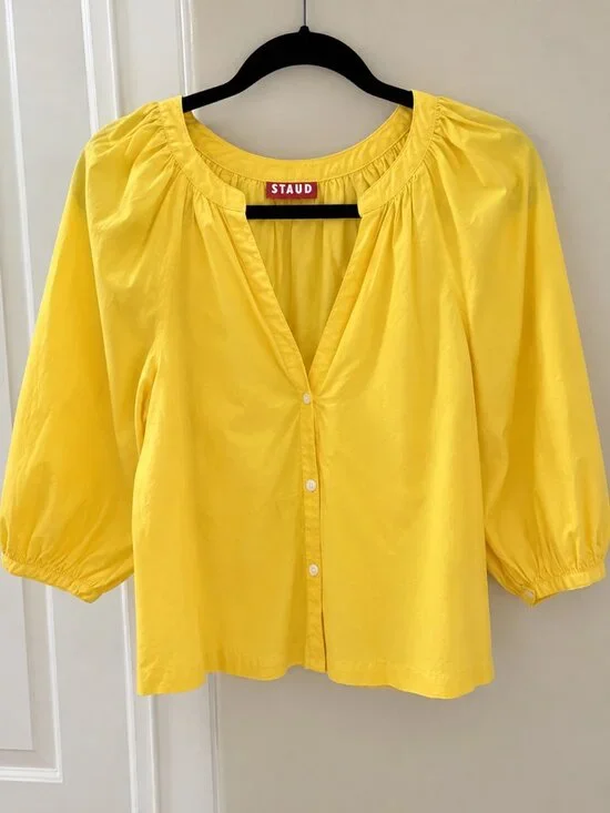 STAUD Yellow Puff Sleeve Button Front Top Medium