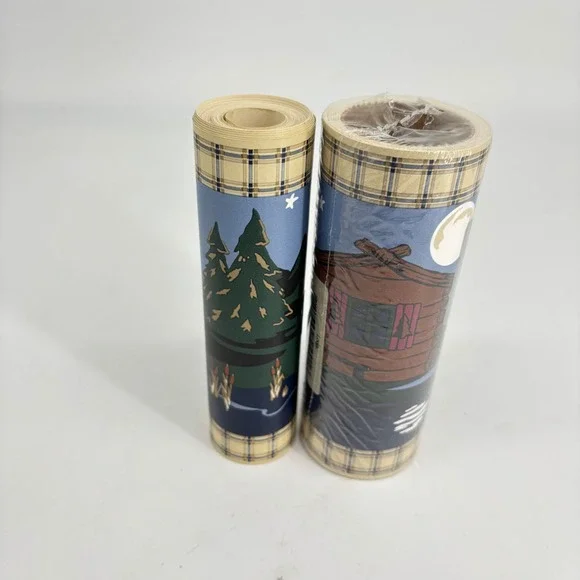 Jubilee Lodge Wall Border Prepasted Canoe Cabin Lake Pine Tree Plaid 1.5‎ rolls
