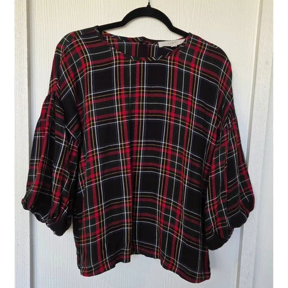 LOFT Plaid Puff Sleeve Button Back Blouse XS Academia Preppy Fall
