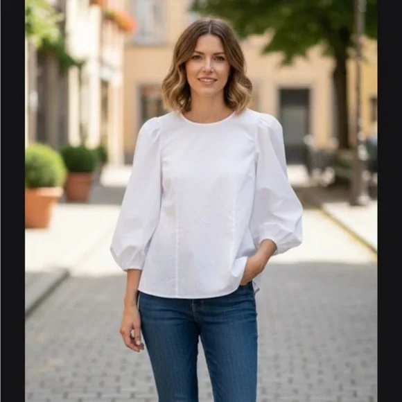 J. Crew White Puff Sleeve Blouse with Bib Collar