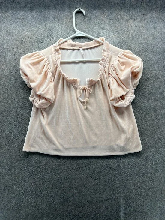 Free People Blouse Women XS Pink Velour Puff Sleeve Ruffle Scoop Neck Top