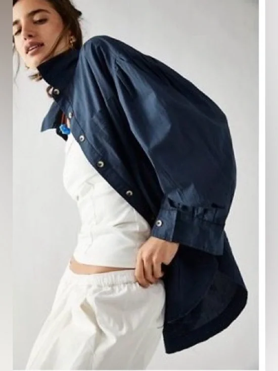 Free People Navy Button-Up Oversized Blouse