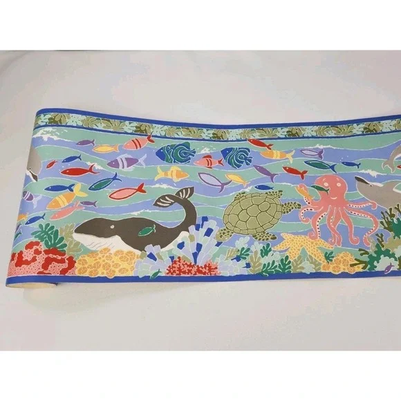 Vintage Laura Ashley Under The Sea Border Wallpaper Ocean Bathroom Dolphins Fish