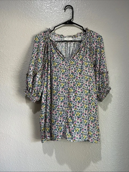 LOFT Floral V-Neck Blouse in Pink, Yellow, Green and White Sz L Boho Hippie